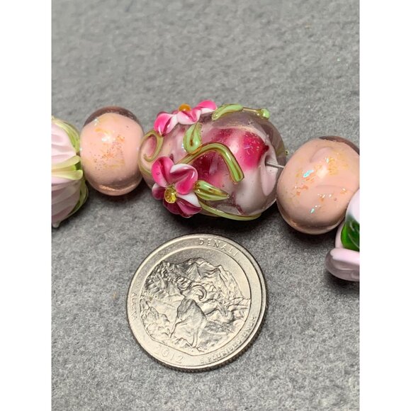 Handcrafted Lampwork Floral Glass Beads Set - Pink & Green - Picture 5 of 7